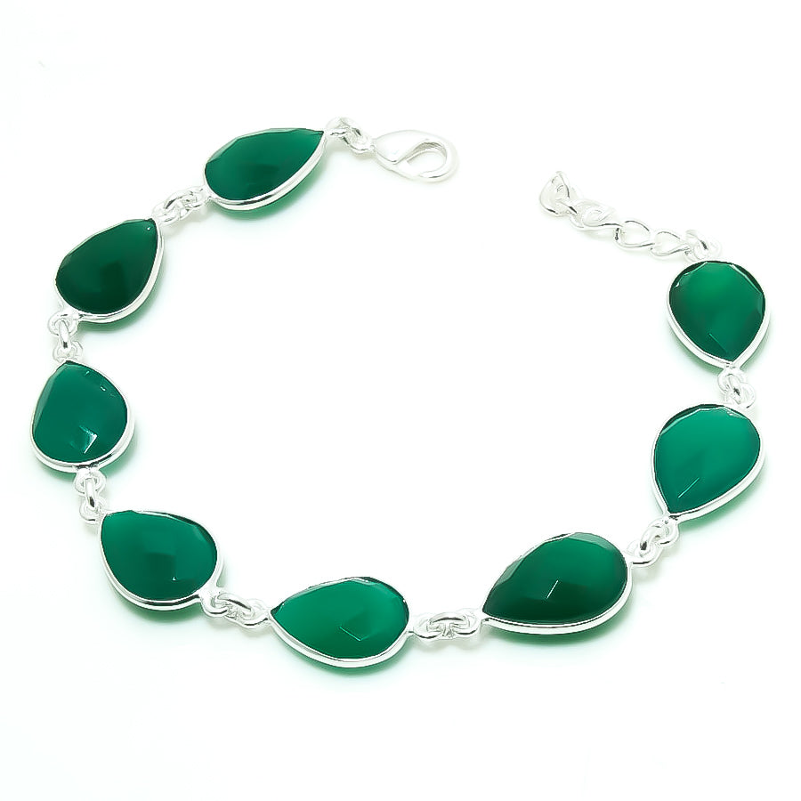 Natural Green Onyx Charm Bracelet | 925 Sterling Silver Adjustable Chain | May Birthstone | Pear Shape Onyx | Root Chakra