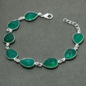 Natural Green Onyx Charm Bracelet | 925 Sterling Silver Adjustable Chain | May Birthstone | Pear Shape Onyx | Root Chakra