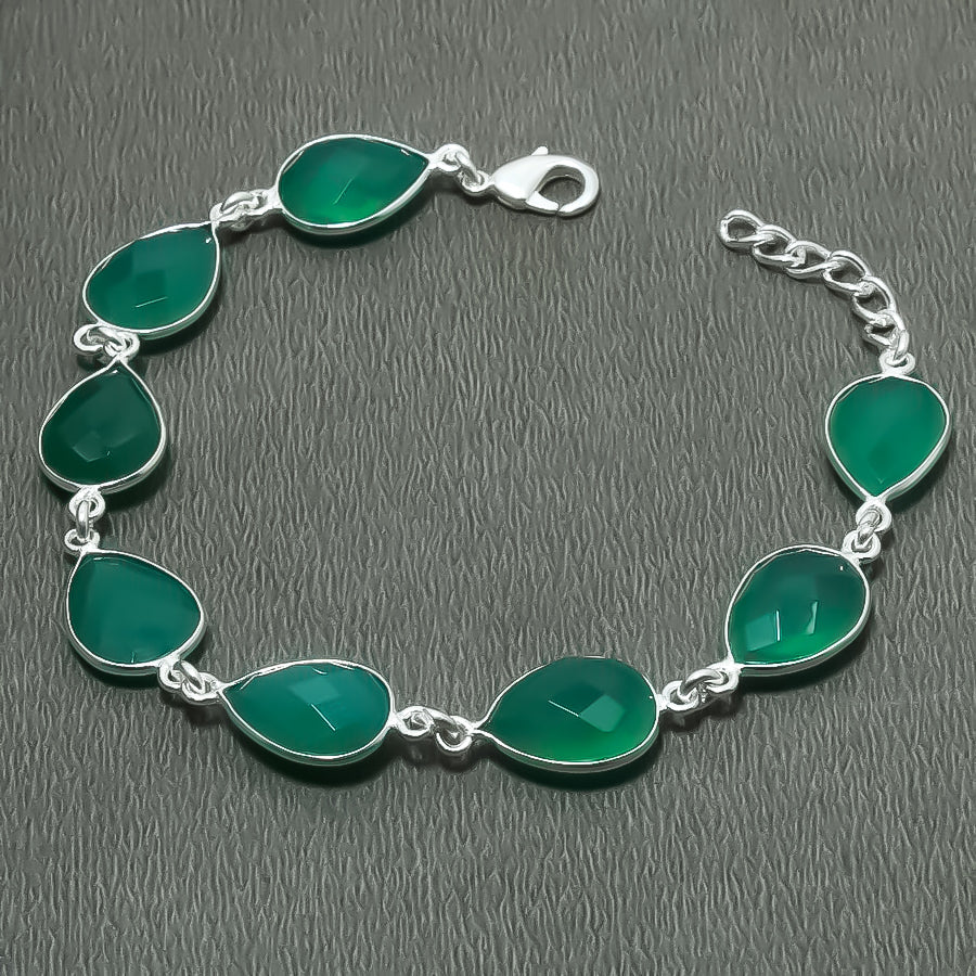 Natural Green Onyx Charm Bracelet | 925 Sterling Silver Adjustable Chain | May Birthstone | Pear Shape Onyx | Root Chakra