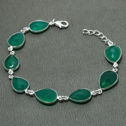 Natural Green Onyx Charm Bracelet | 925 Sterling Silver Adjustable Chain | May Birthstone | Pear Shape Onyx | Root Chakra