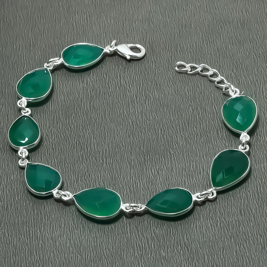 Natural Green Onyx Charm Bracelet | 925 Sterling Silver Adjustable Chain | May Birthstone | Pear Shape Onyx | Root Chakra