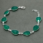 Natural Green Onyx Charm Bracelet | 925 Sterling Silver Adjustable Chain | May Birthstone | Pear Shape Onyx | Root Chakra