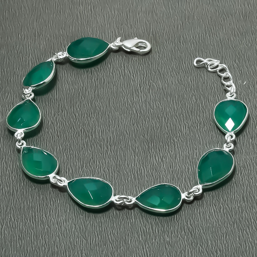 Natural Green Onyx Charm Bracelet | 925 Sterling Silver Adjustable Chain | May Birthstone | Pear Shape Onyx | Root Chakra