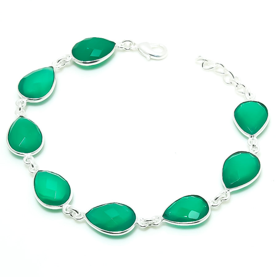 Natural Green Onyx Charm Bracelet | 925 Sterling Silver Adjustable Chain | May Birthstone | Pear Shape Onyx | Root Chakra