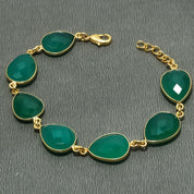 Natural Green Onyx Charm Bracelet | 925 Sterling Silver Gold Plated Chain | May Birthstone | Pear Shape Onyx | Healing Power Crystals