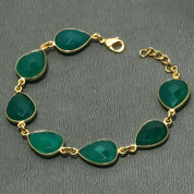 Natural Green Onyx Charm Bracelet | 925 Sterling Silver Gold Plated Chain | May Birthstone | Pear Shape Onyx | Healing Power Crystals