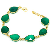 Natural Green Onyx Charm Bracelet | 925 Sterling Silver Gold Plated Chain | May Birthstone | Pear Shape Onyx | Healing Power Crystals