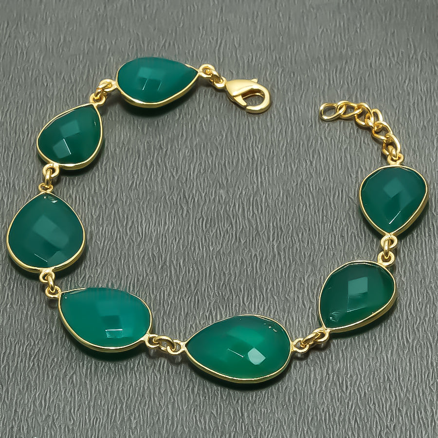 Natural Green Onyx Charm Bracelet | 925 Sterling Silver Gold Plated Chain | May Birthstone | Pear Shape Onyx | Healing Power Crystals