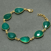 Natural Green Onyx Charm Bracelet | 925 Sterling Silver Gold Plated Chain | May Birthstone | Pear Shape Onyx | Healing Power Crystals