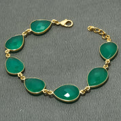 Natural Green Onyx Charm Bracelet | 925 Sterling Silver Gold Plated Chain | May Birthstone | Pear Shape Onyx | Healing Power Crystals