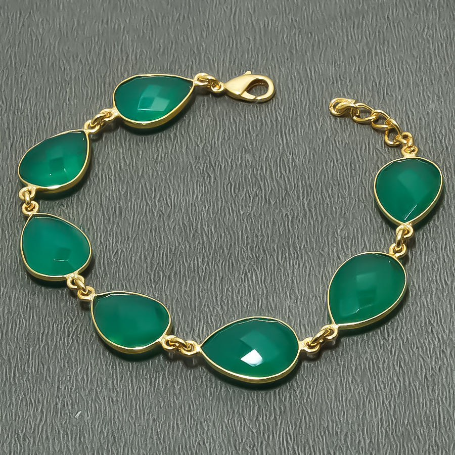 Natural Green Onyx Charm Bracelet | 925 Sterling Silver Gold Plated Chain | May Birthstone | Pear Shape Onyx | Healing Power Crystals