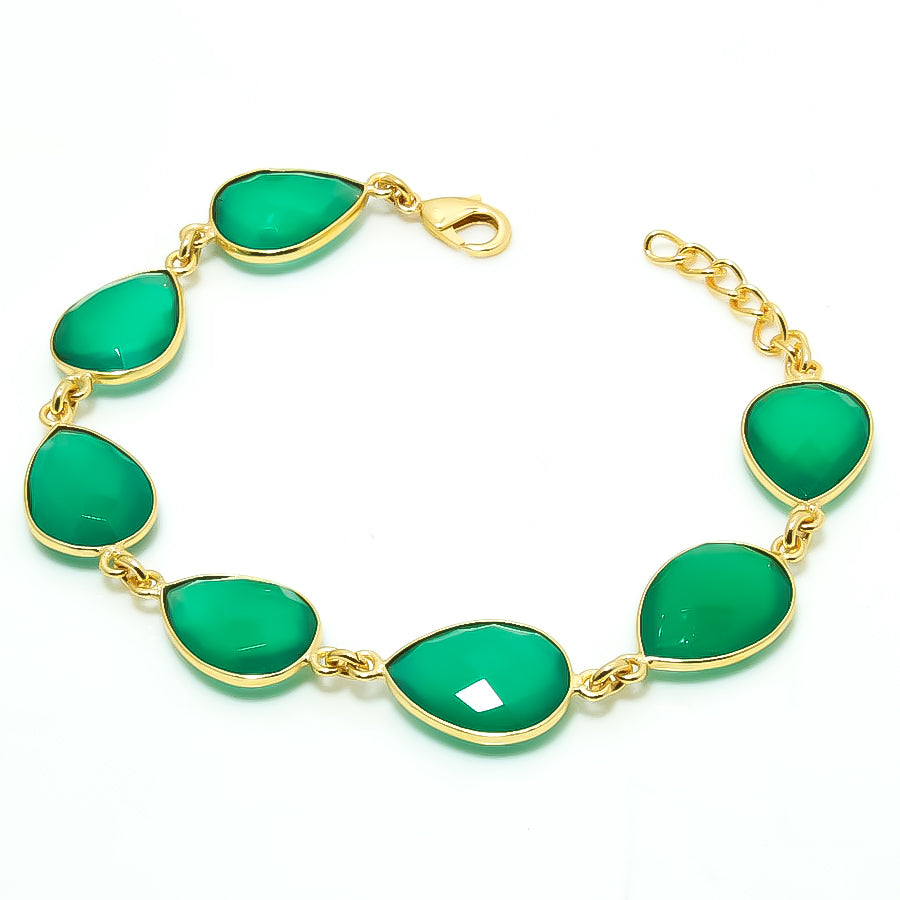 Natural Green Onyx Charm Bracelet | 925 Sterling Silver Gold Plated Chain | May Birthstone | Pear Shape Onyx | Healing Power Crystals