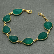 Natural Green Onyx Charm Bracelet | 925 Sterling Silver Gold Plated Chain | May Birthstone | Pear Shape Onyx | Healing Power Crystals