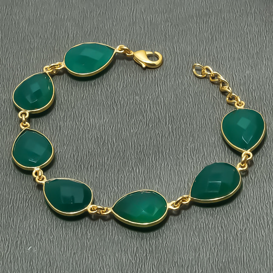 Natural Green Onyx Charm Bracelet | 925 Sterling Silver Gold Plated Chain | May Birthstone | Pear Shape Onyx | Healing Power Crystals