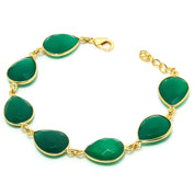 Natural Green Onyx Charm Bracelet | 925 Sterling Silver Gold Plated Chain | May Birthstone | Pear Shape Onyx | Healing Power Crystals