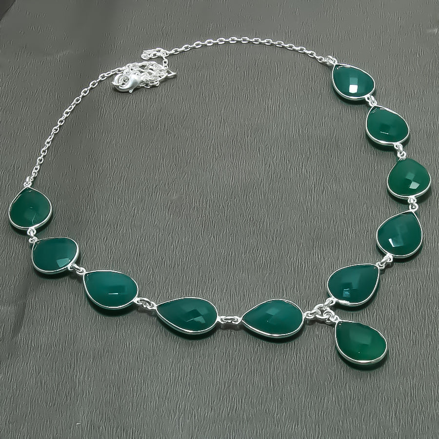 Natural Green Green Onyx Beaded Fine Gemstone Necklace 