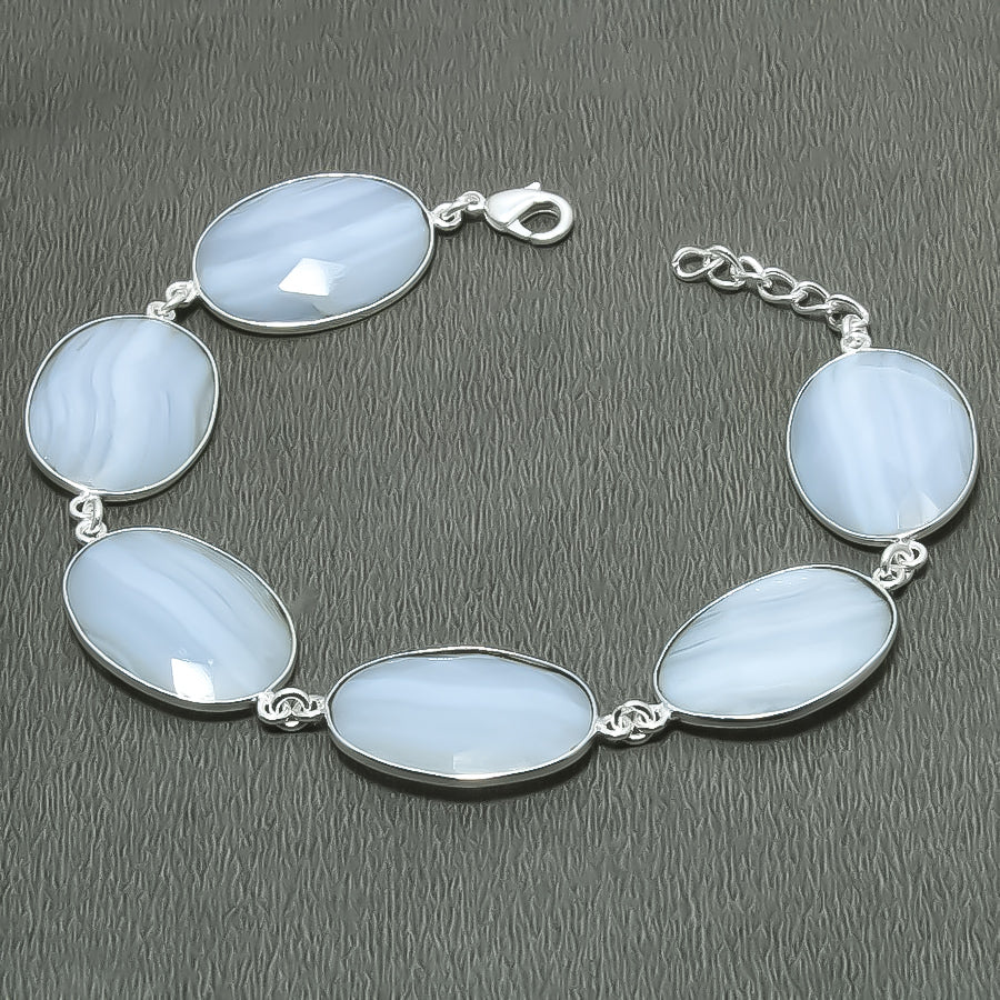 Natural White  Blue Lace Agate Chain Fine Gemstone Bracelet 