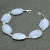 Natural Blue Lace Agate Charm Bracelet | 925 Sterling Silver Adjustable Chain | Root Chakra | Healing Power Crystals