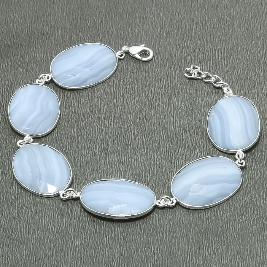 Natural Blue Lace Agate Charm Bracelet | 925 Sterling Silver Adjustable Chain | Root Chakra | Healing Power Crystals