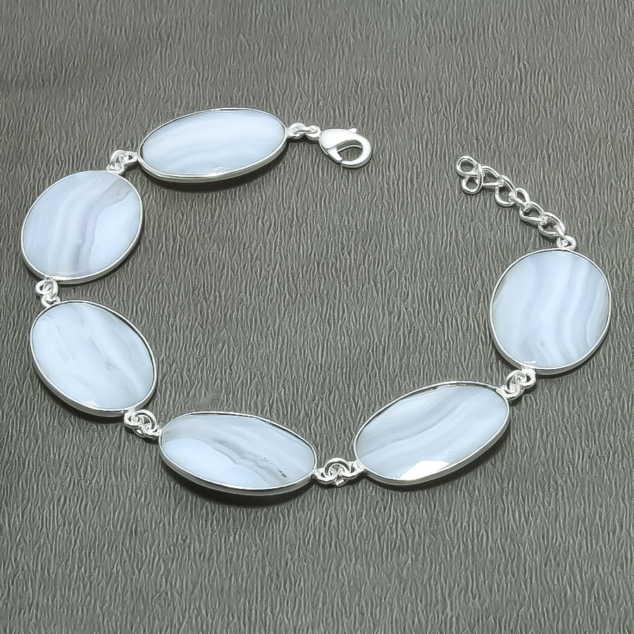 Natural Blue Lace Agate Charm Bracelet | 925 Sterling Silver Adjustable Chain | Root Chakra | Healing Power Crystals