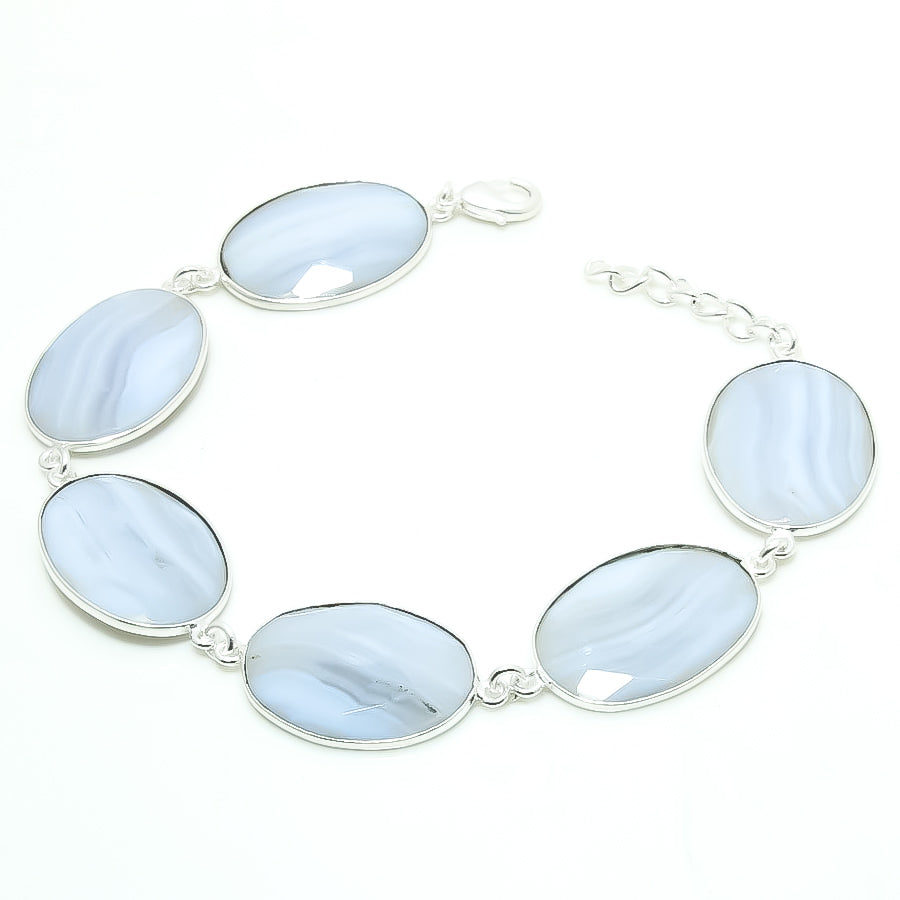 Natural Blue Lace Agate Charm Bracelet | 925 Sterling Silver Adjustable Chain | Root Chakra | Healing Power Crystals