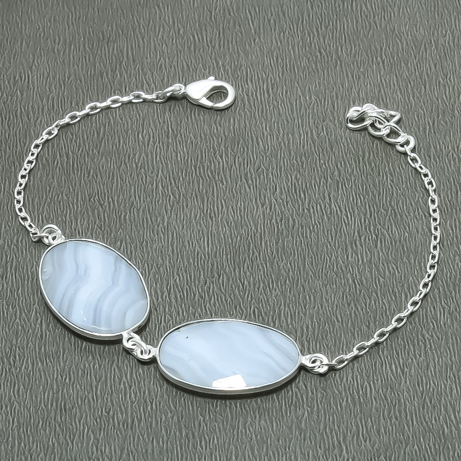Natural Blue Lace Agate Charm Bracelet | 925 Sterling Silver Adjustable Chain | Root Chakra | Healing Power Crystals