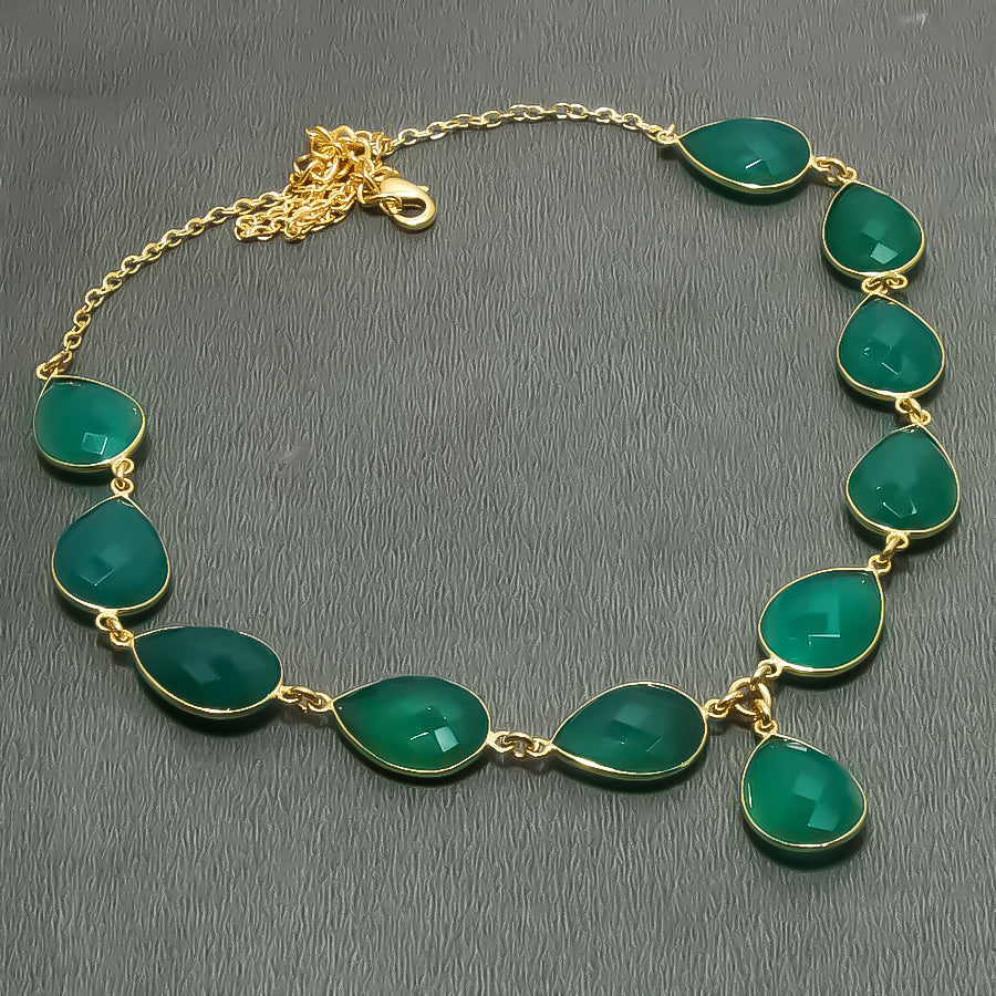 Natural Green Onyx Gold Plated Necklace | 925 Sterling Silver Fine Jewelry | Healing Power Crystals | Root Chakra