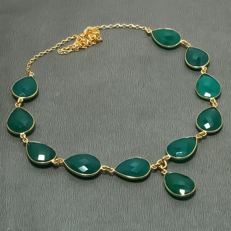 Natural Green Onyx Gold Plated Necklace | 925 Sterling Silver Fine Jewelry | Healing Power Crystals | Root Chakra
