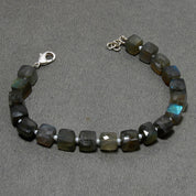 Natural Labradorite Square Beaded Bracelet | 925 Sterling Silver Adjustable Chain | Healing Power Crystals | Root Chakra