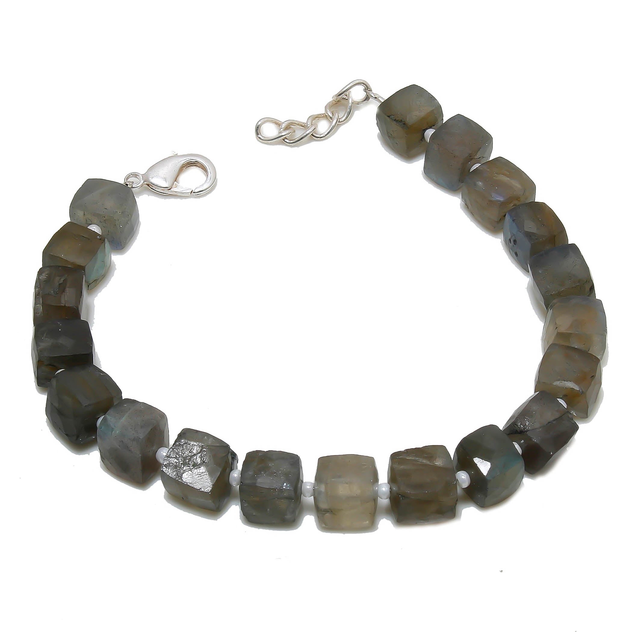 Natural Gray Labradorite Beaded Fine Gemstone Bracelet 