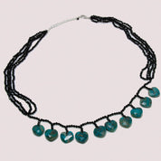 Natural Chrysocolla Hearts Beaded Necklace | Black Spinel Beaded Necklace | 925 Sterling Silver Adjustable Chain | August Birthstone