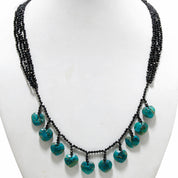 Natural Chrysocolla Hearts Beaded Necklace | Black Spinel Beaded Necklace | 925 Sterling Silver Adjustable Chain | August Birthstone