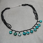 Natural Chrysocolla Hearts Beaded Necklace | Black Spinel Beaded Necklace | 925 Sterling Silver Adjustable Chain | August Birthstone