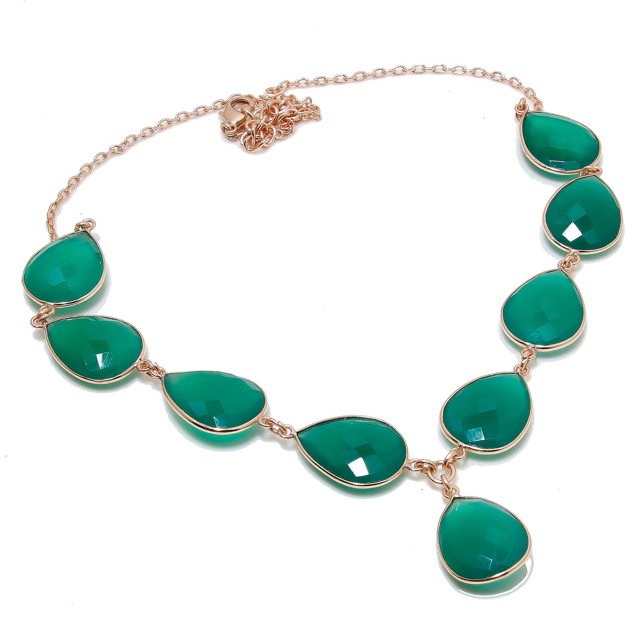 Natural Green Onyx Necklace | 925 Sterling Silver Adjustable Chain | Bezel Setting Necklace | Rose Gold Plating | May Birthstone