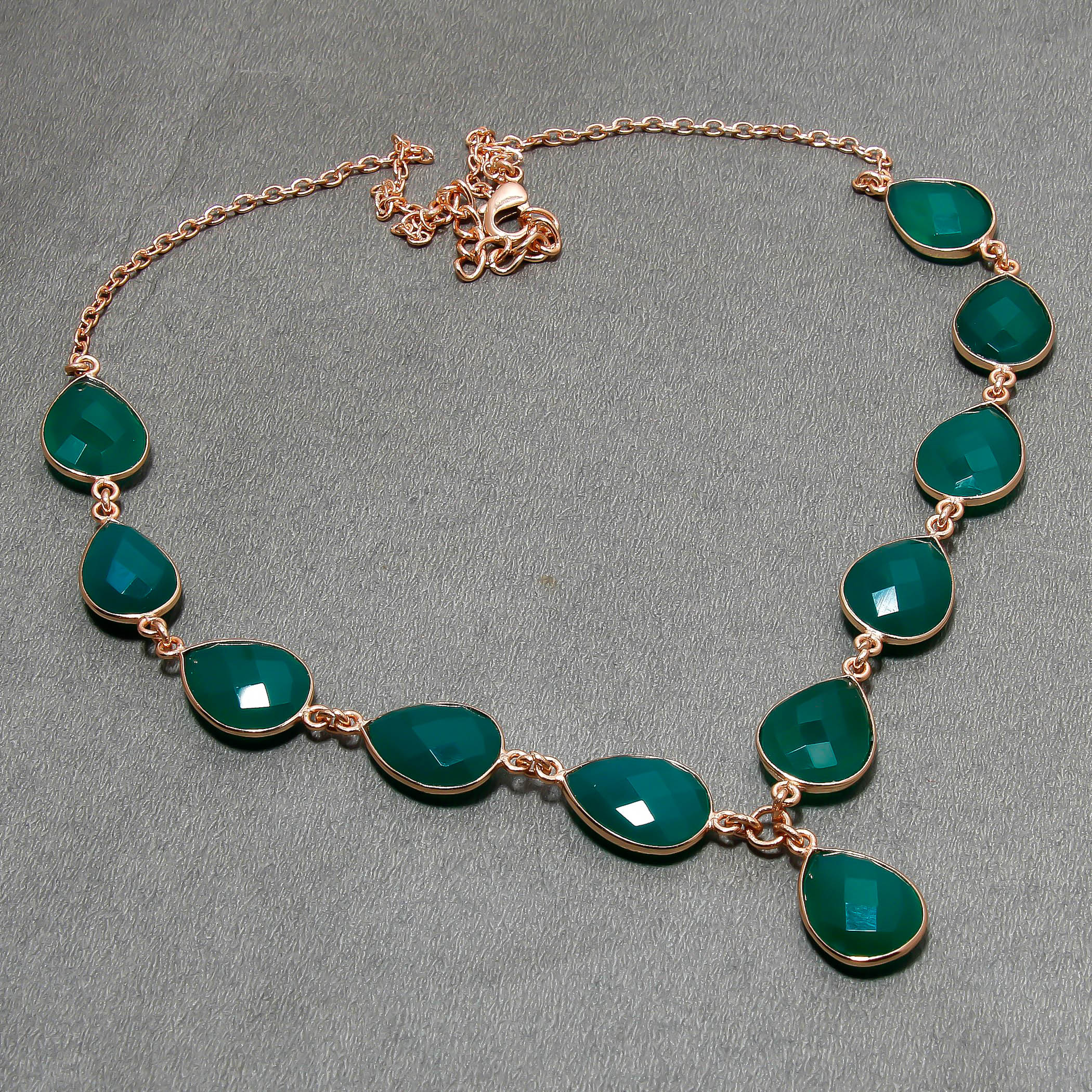 Natural Green Onyx Necklace | 925 Sterling Silver Adjustable Chain | Bezel Setting Necklace | Rose Gold Plating | May Birthstone