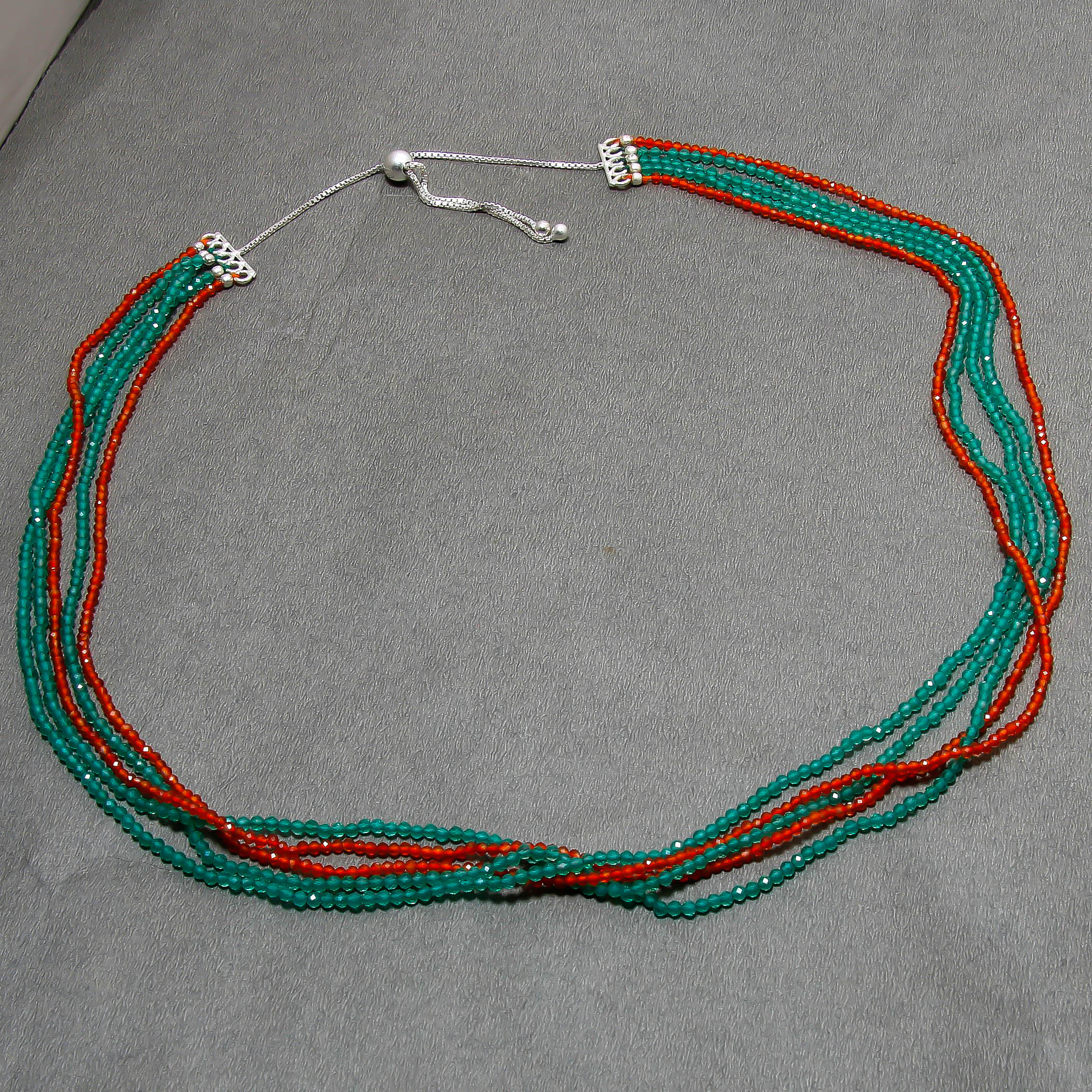Natural Green Onyx & Red Garnet Beaded Necklace | 925 Sterling Silver Adjustable Chain | January Birthstone