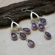 Natural Purple Amethyst Drop/Dangle Fine Gemstone Earrings 