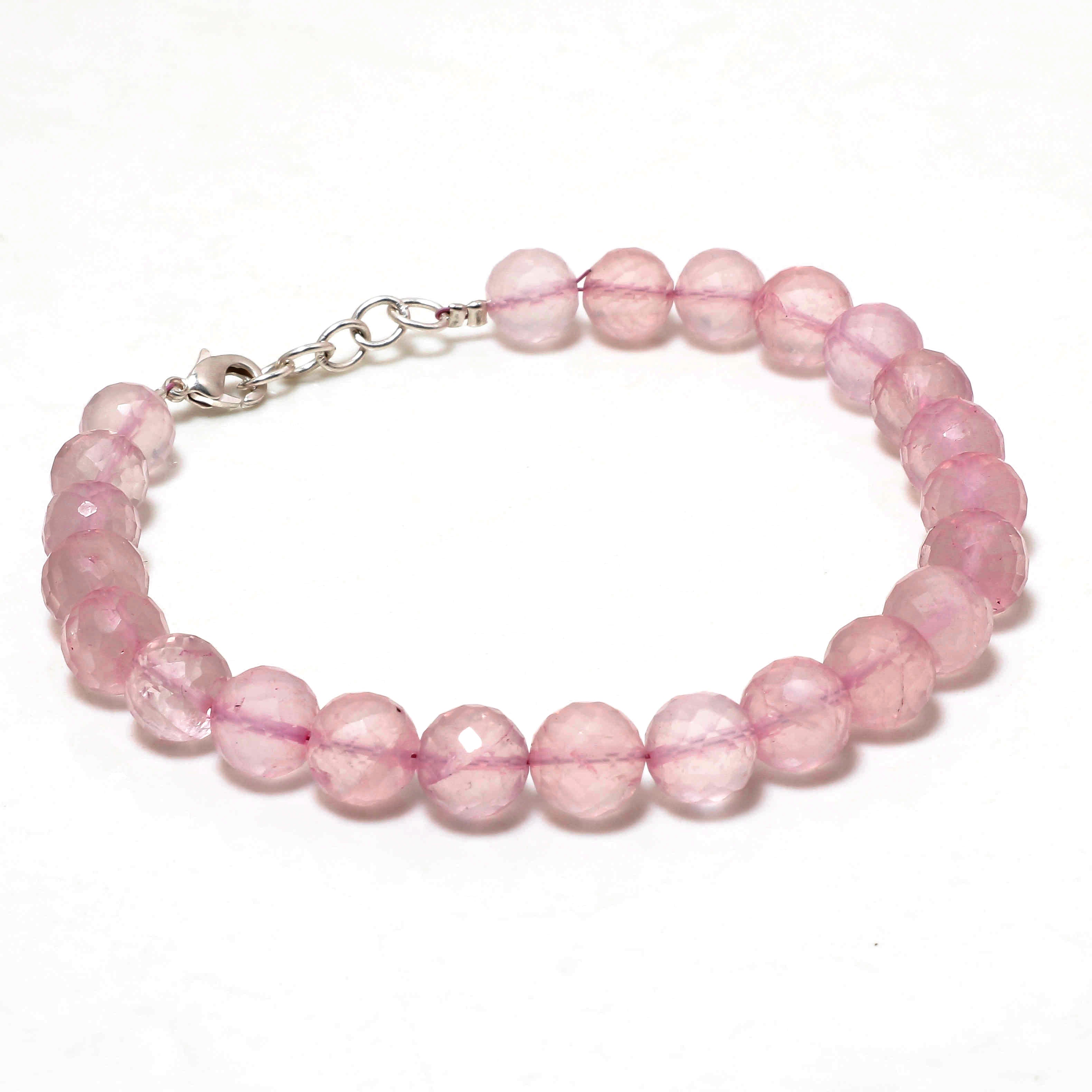 Rose Quartz Gemstone Beaded Silver Bracelet January Birthstone Jewelry For Love And Harmony And Enhances Focus 