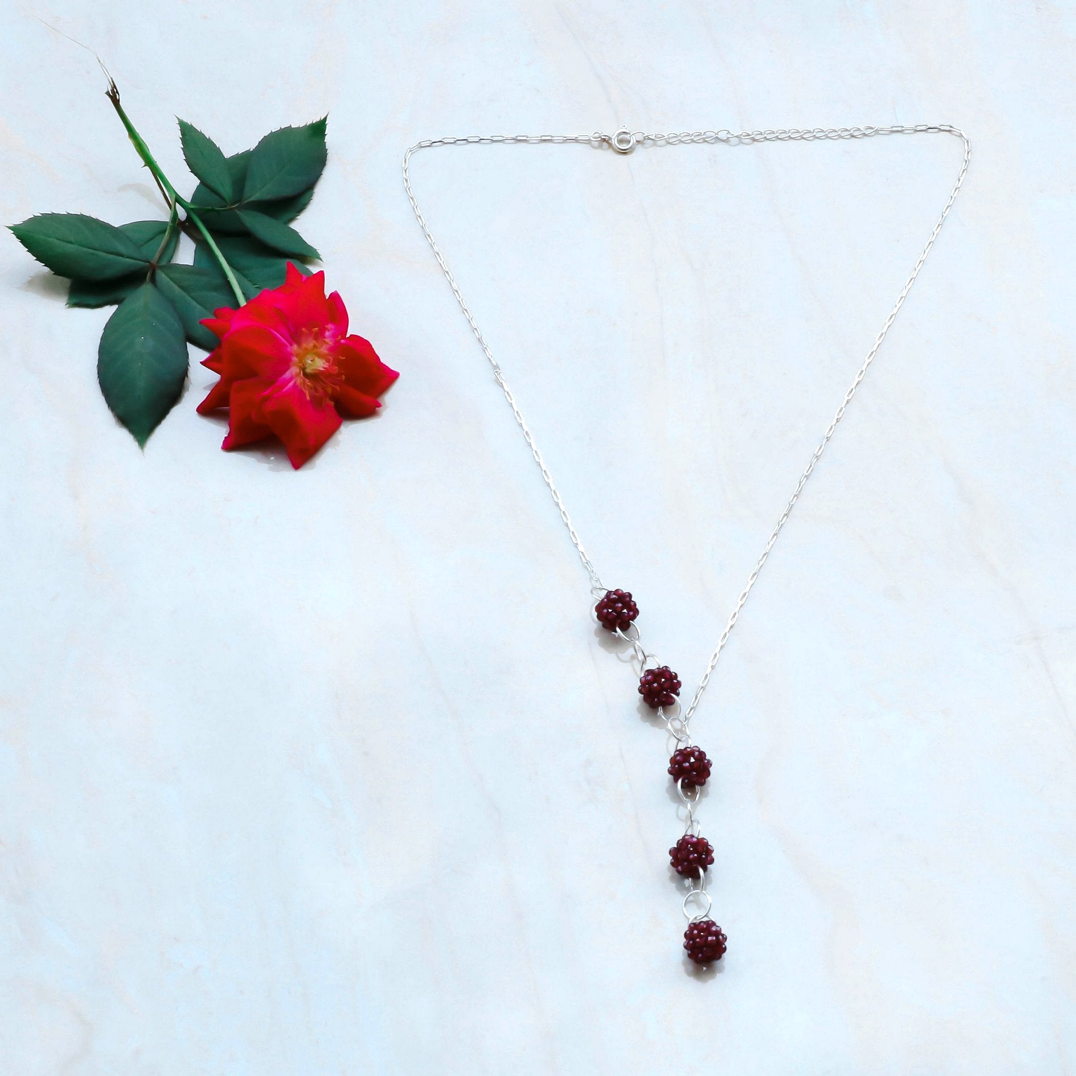 Birthstone Necklace, Y Design Beaded Silver Chain Adjustable Necklace for Gift, Empowering Healing Jewelry