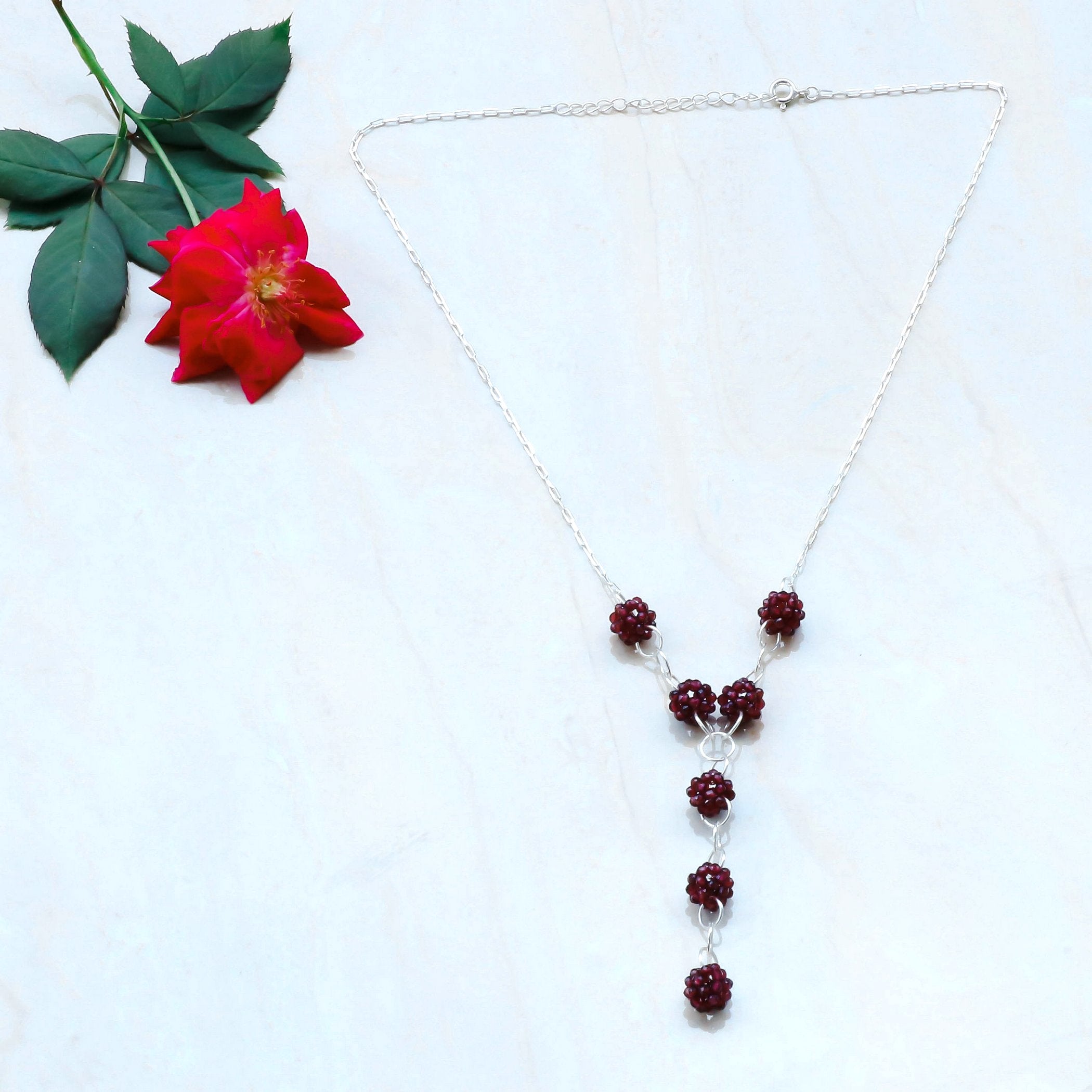 Natural Red Red Garnet Beaded Fine Gemstone Necklace 