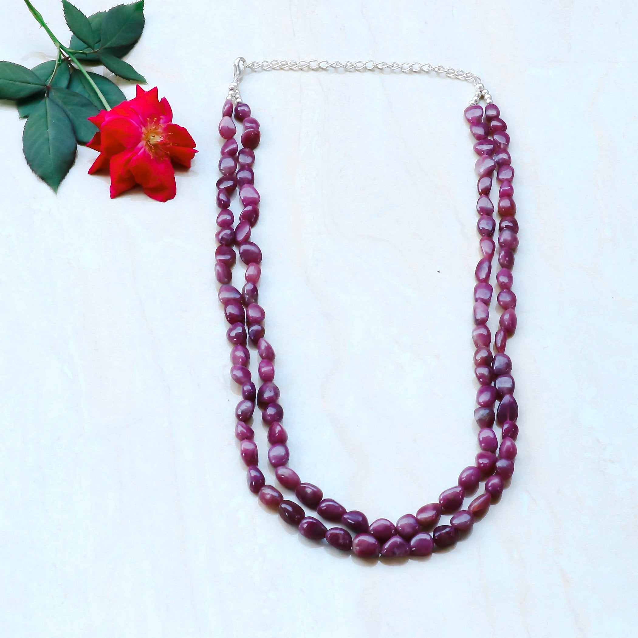 Natural Red Pink Tourmaline Beaded Fine Gemstone Necklace 