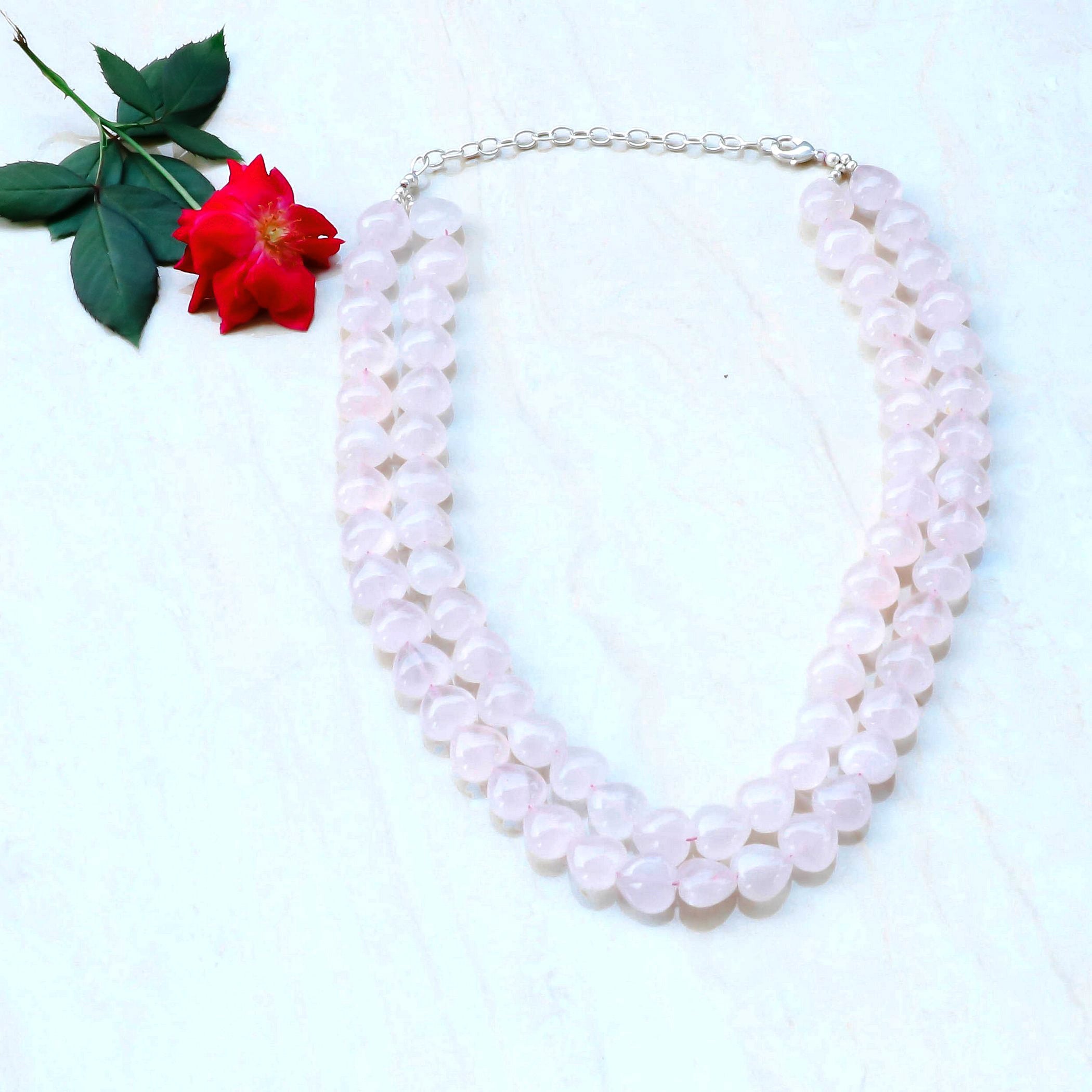 Natural Light Pink Rose Quartz Beaded Fine Gemstone Necklace 