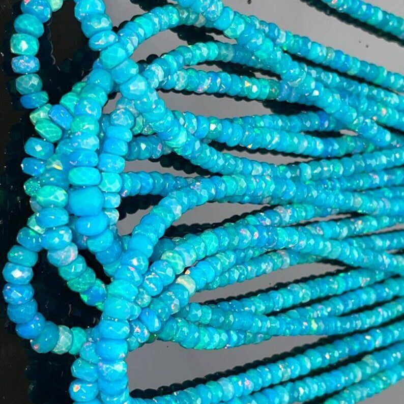 Natural Neon Blue  Ethiopian Opal  Beaded Fine Gemstone Necklace 