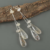 Natural White Golden Rutile  Drop/Dangle Fine Gemstone Earrings 