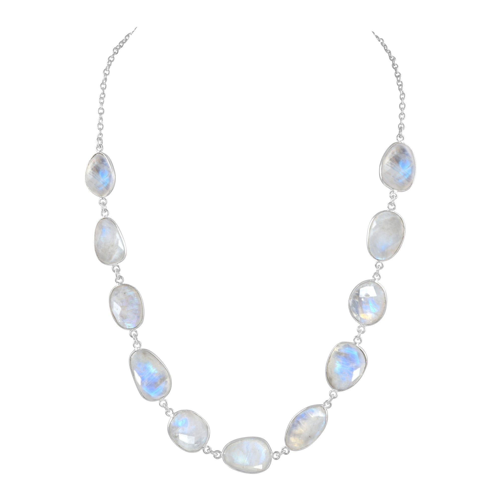 Natural Sky Blue Rainbow Moonstone Beaded Fine Gemstone Necklace 