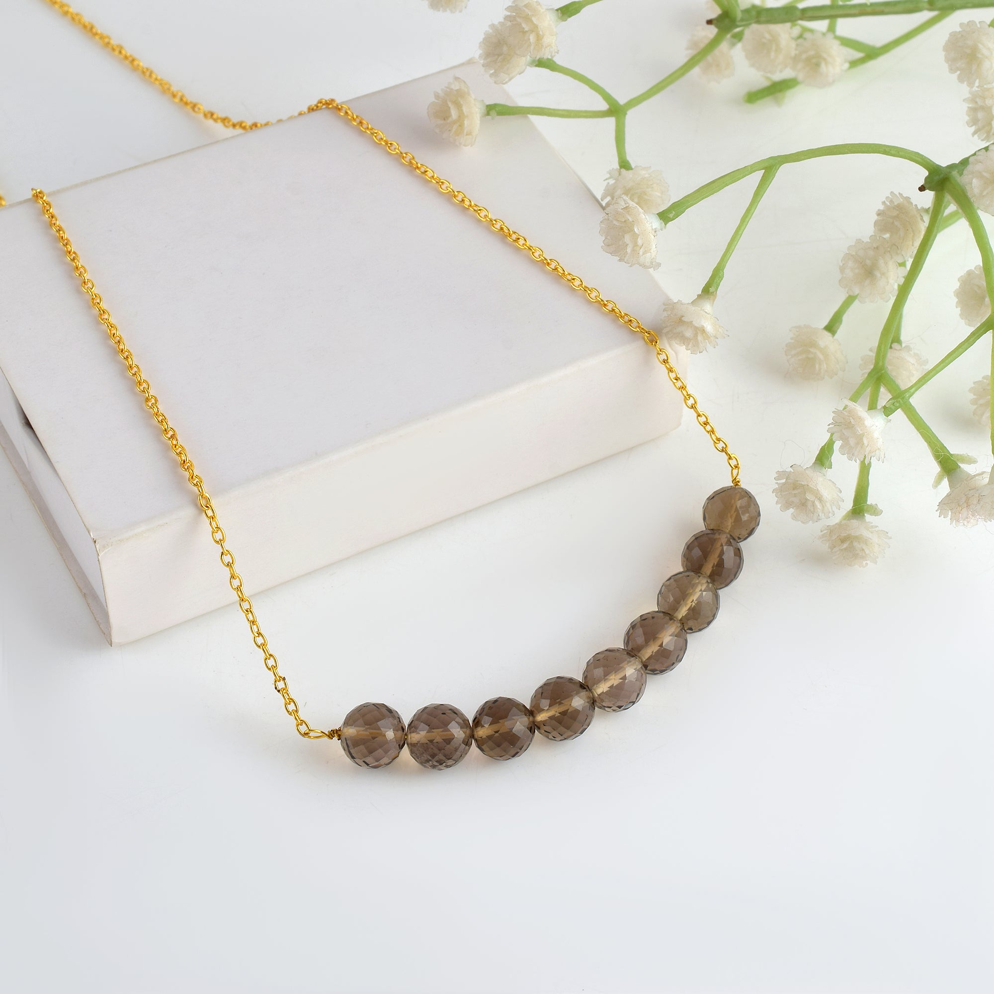 Natural Brown Smoky Quartz Beaded Fine Gemstone Necklace 