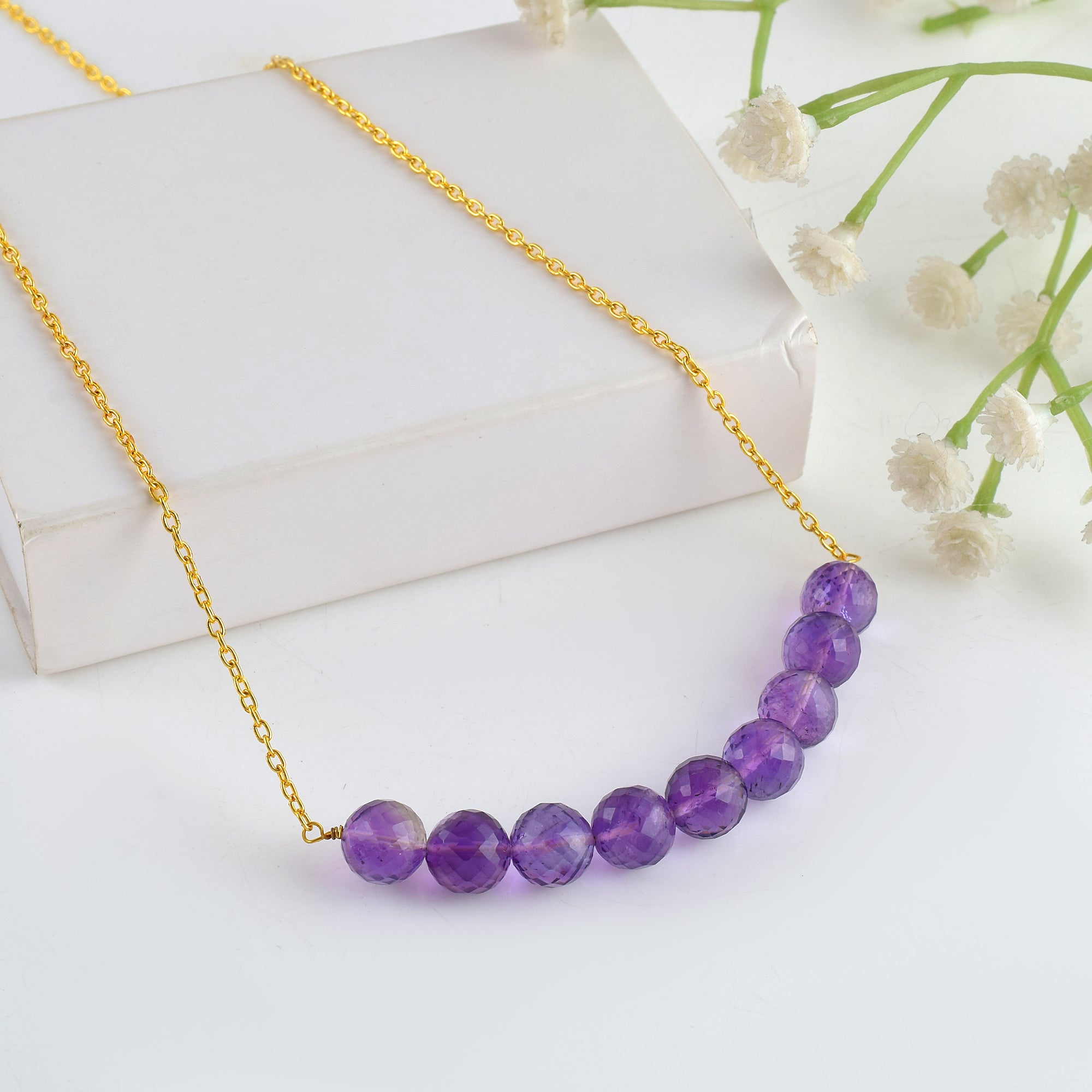 Natural Purple Amethyst Beaded Fine Gemstone Necklace 