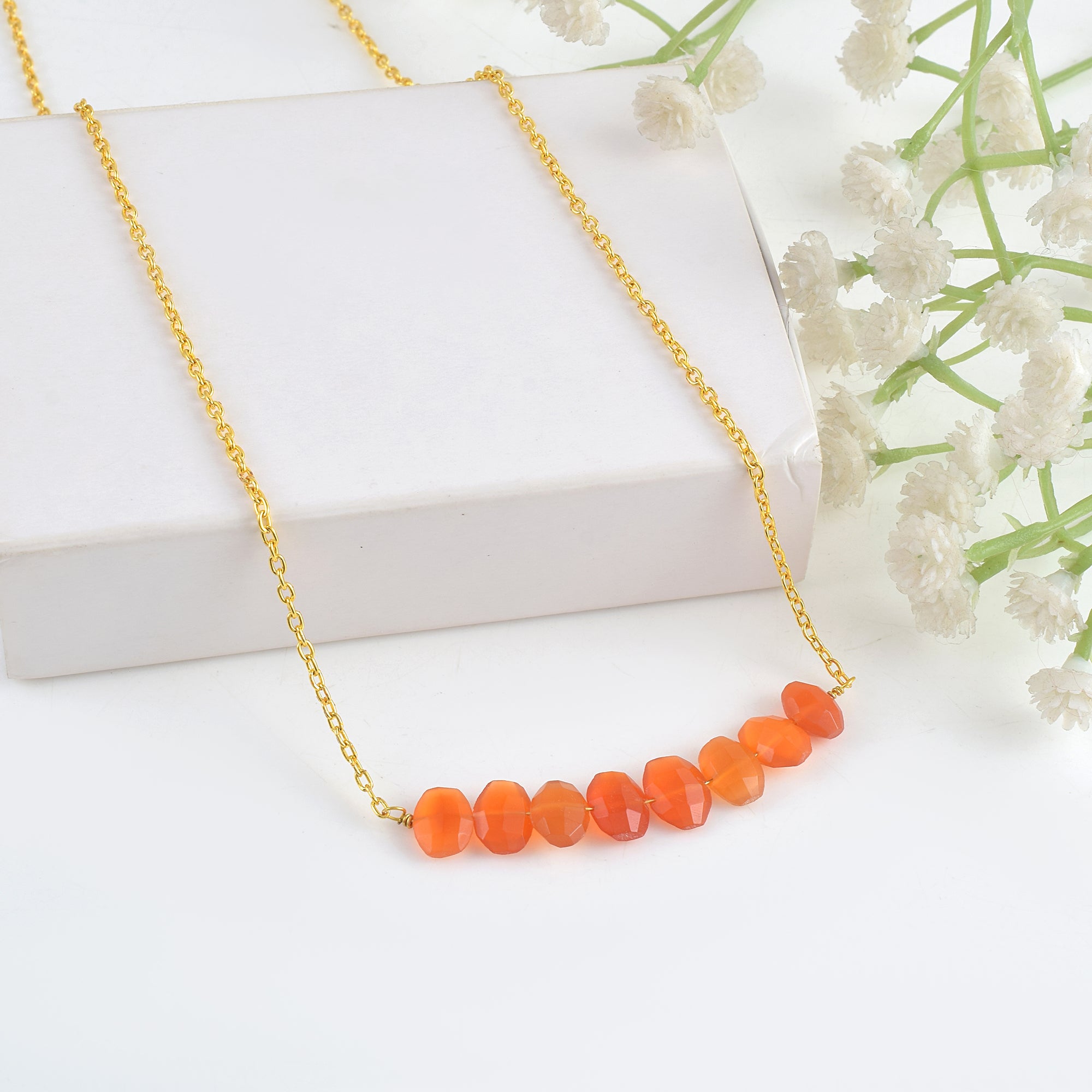 Natural Orange Red Onyx Beaded Fine Gemstone Necklace 