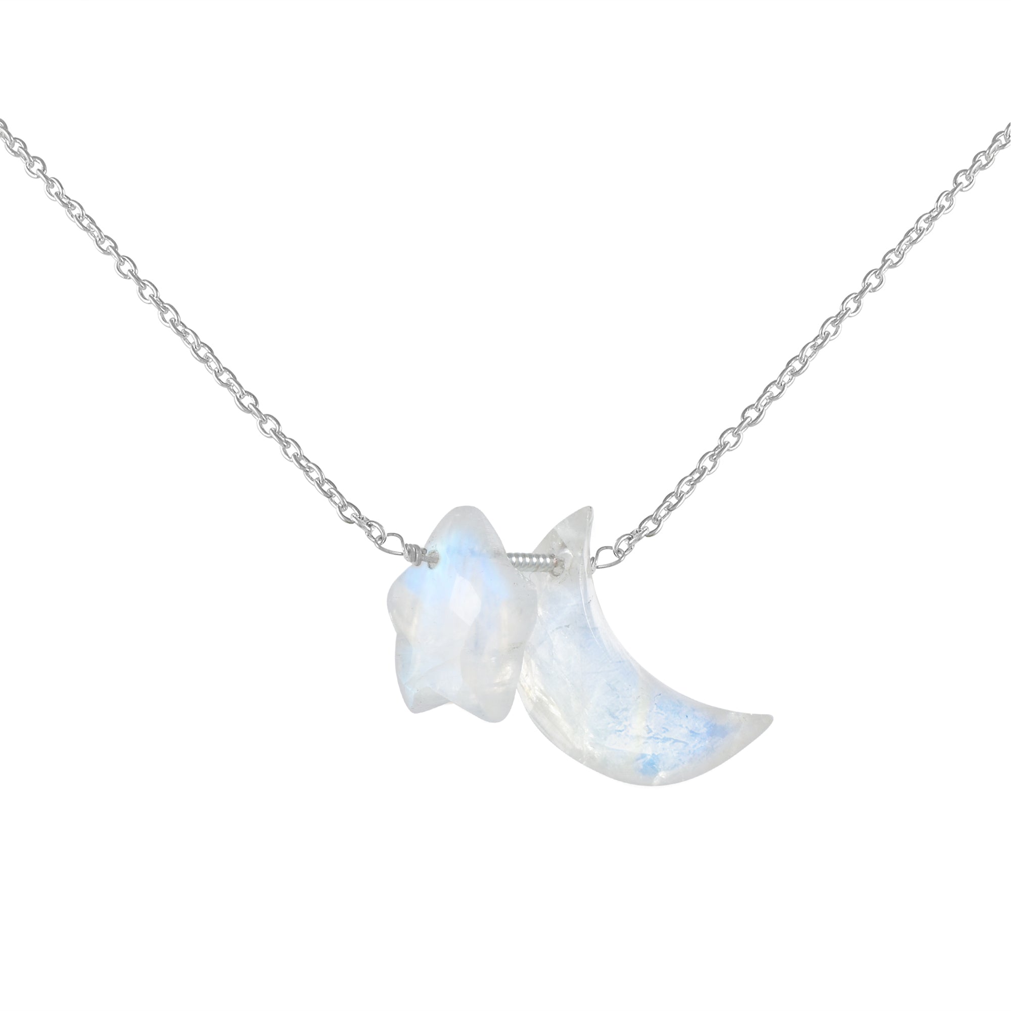 Natural Rainbow Moonstone Crescent Moon Chain Necklace | 92.5 Sterling Silver fine Jewelry | June Birthstone