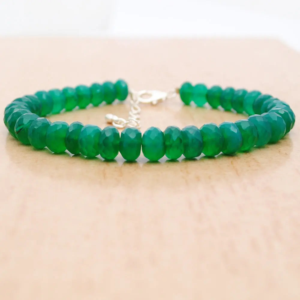 Green Onyx Gemstone Beaded Silver Bracelet May Birthstone Jewelry For Enhances Self-Awareness And Enhances Focus 